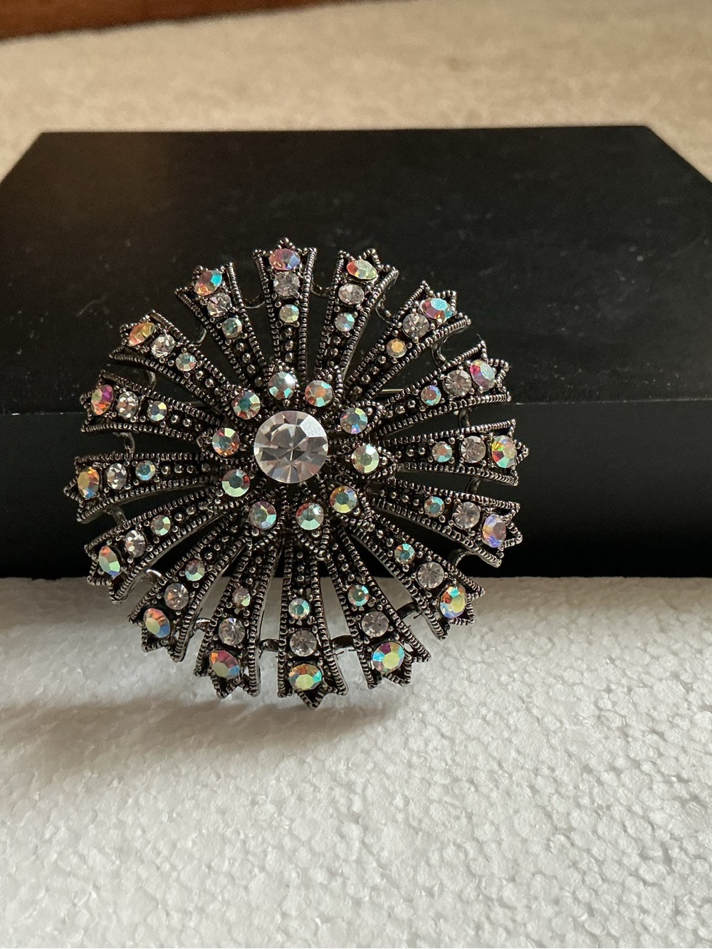 Rhinestone Burst Statement Brooch - Silver Tone with Aurora Borealis Crystals